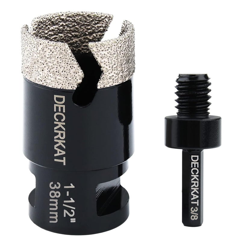DECKRKAT 1-1/2” Diamond Core Drill Bit 38mm Vacuum Brazed Hole Saw with Cutting Flutes for Granite Quartz Porcelain Tile Hard Materials 5/8-11 Female Thread & 3/8” Hex Shank Adapter Fit Angle Grinders & Drills - Image 1